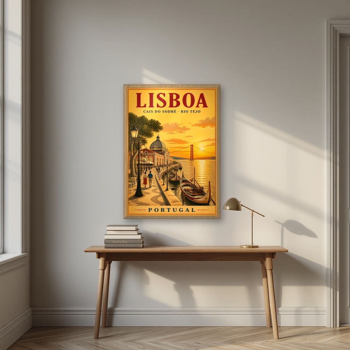 Cais do Sodre — Lisbon art print, in an oak frame, styled in a desk
