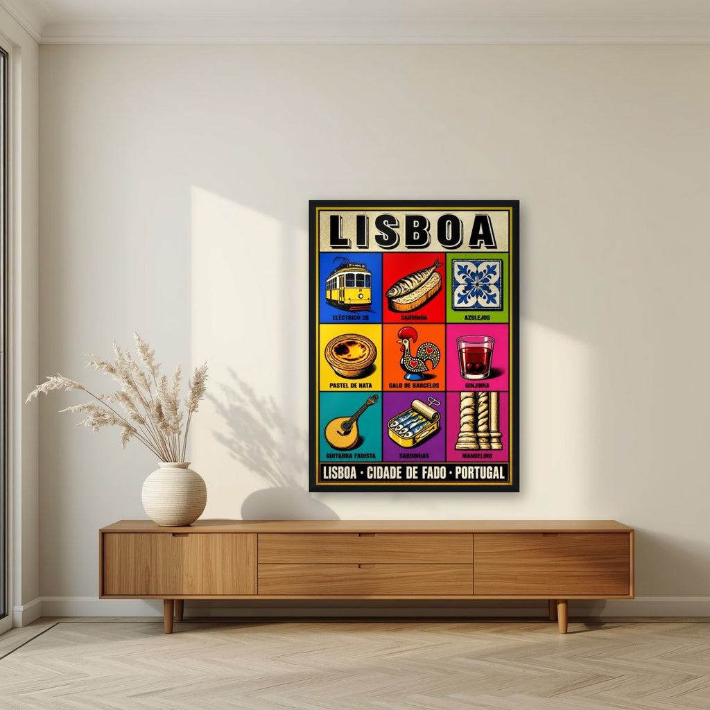 Cidade de Fado — Lisbon art print, in a black frame, styled in a living room