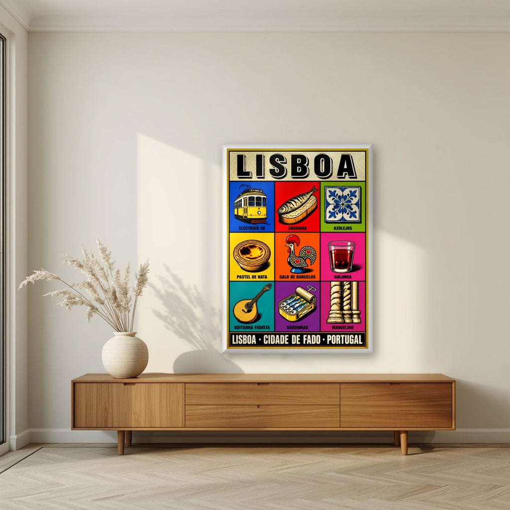 Cidade de Fado — Lisbon art print, in a white frame, styled in a living room