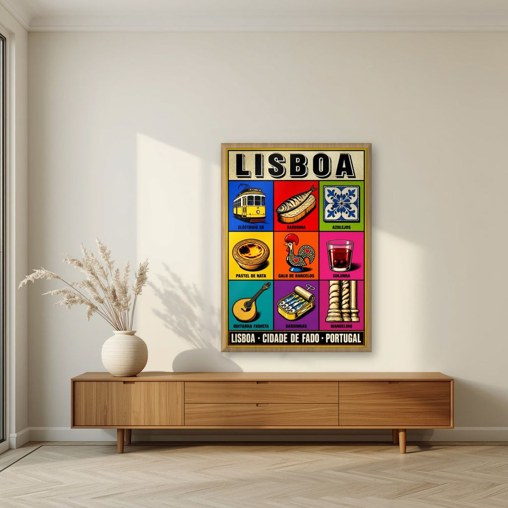 Cidade de Fado — Lisbon art print, in an oak frame, styled in a living room