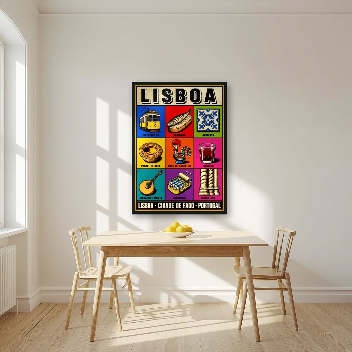 Cidade de Fado — Lisbon art print, in a black frame, styled in a kitchen