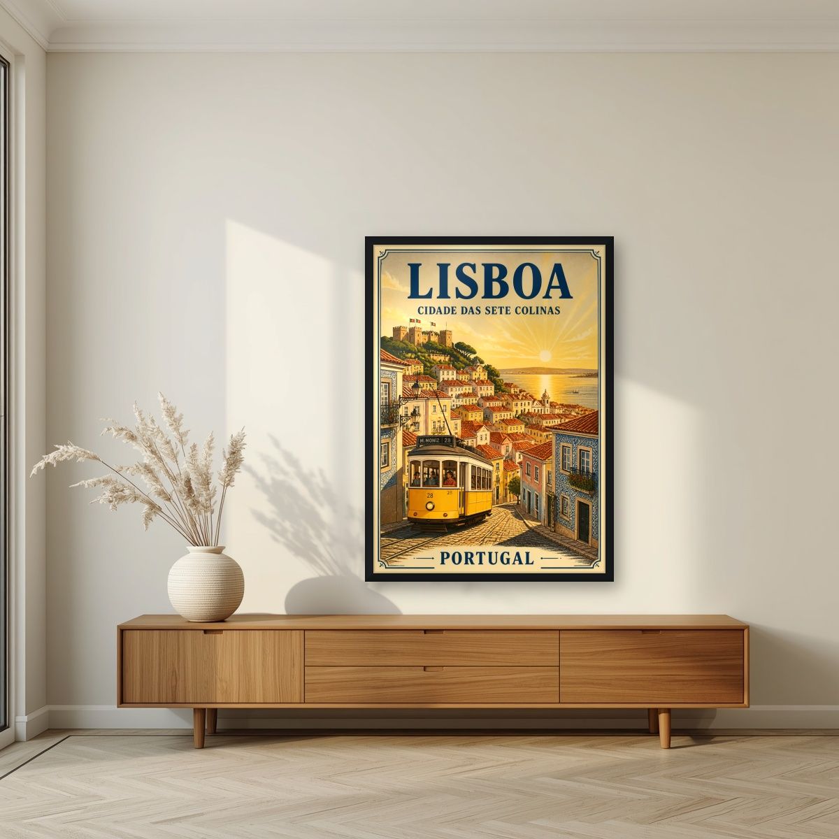 Electrico 28 — Lisbon art print, in a black frame, styled in a living room
