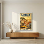 Electrico 28 — Lisbon art print, in a white frame, styled in a living room