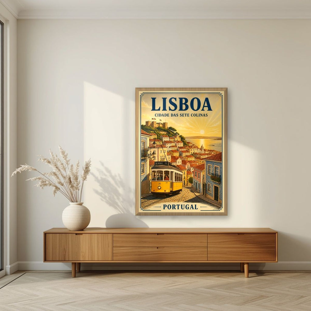 Electrico 28 — Lisbon art print, in an oak frame, styled in a living room