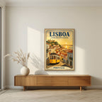 Electrico 28 — Lisbon art print, in an oak frame, styled in a living room
