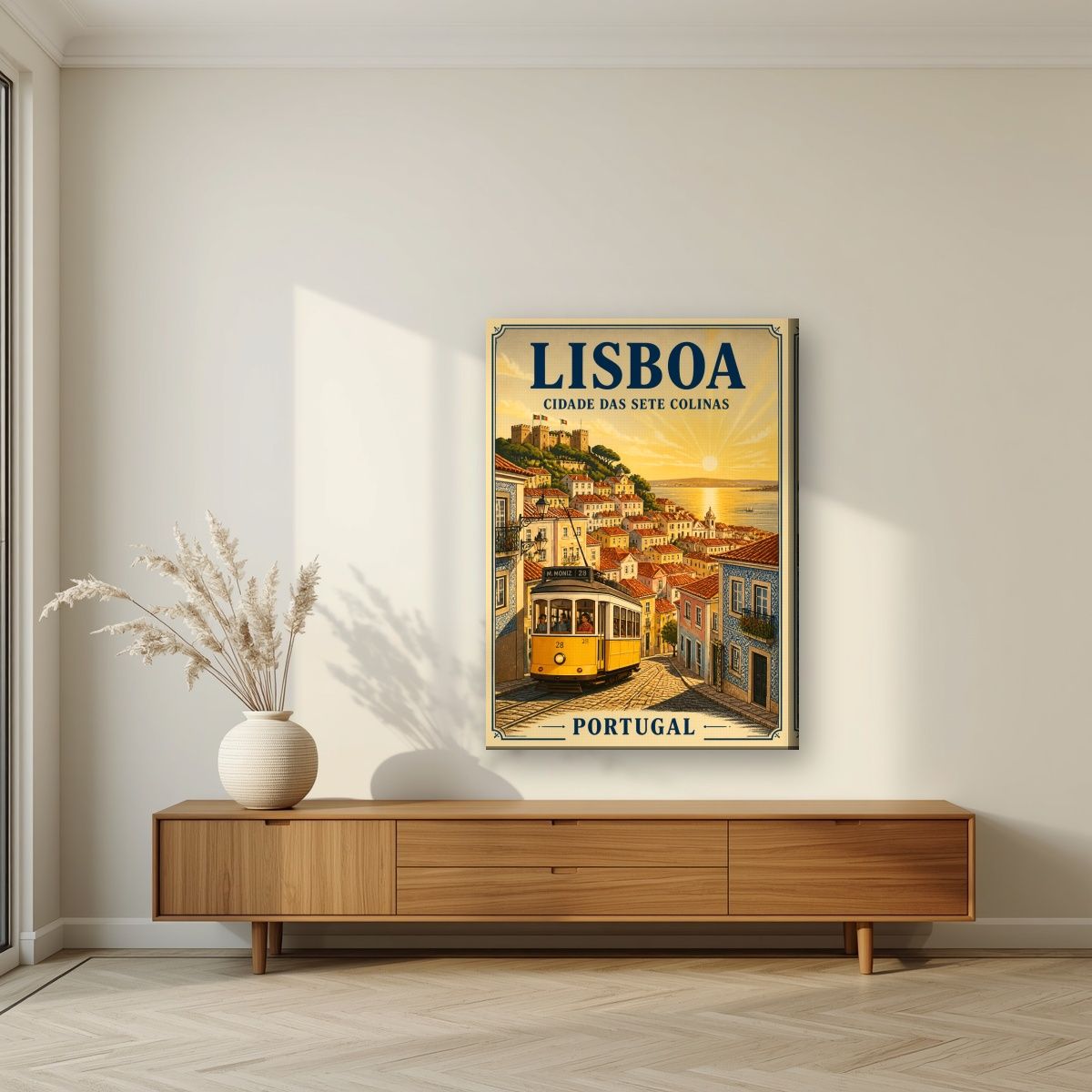 Electrico 28 — Lisbon art print, on slim canvas, styled in a living room