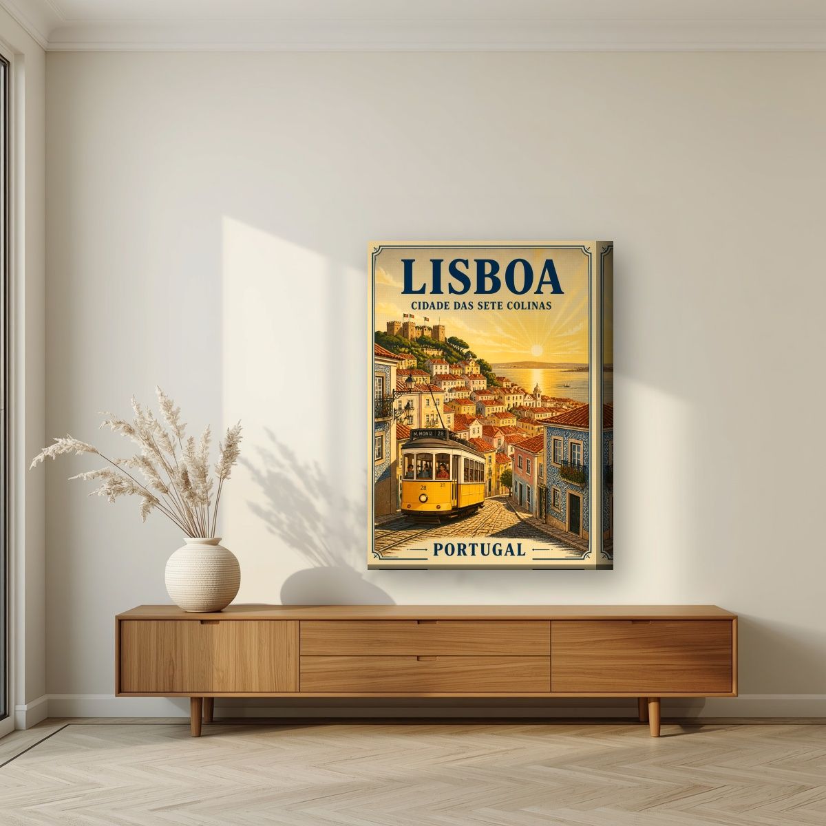 Electrico 28 — Lisbon art print, on thick canvas, styled in a living room