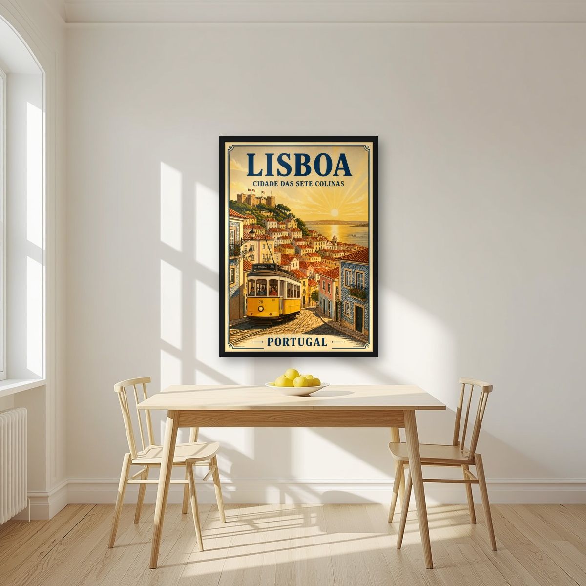 Electrico 28 — Lisbon art print, in a black frame, styled in a kitchen