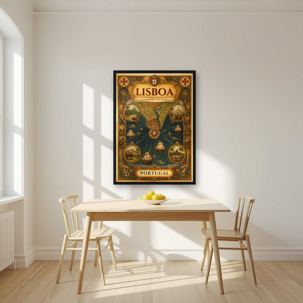 Era dos Descobrimentos — Lisbon art print, in a black frame, styled in a kitchen