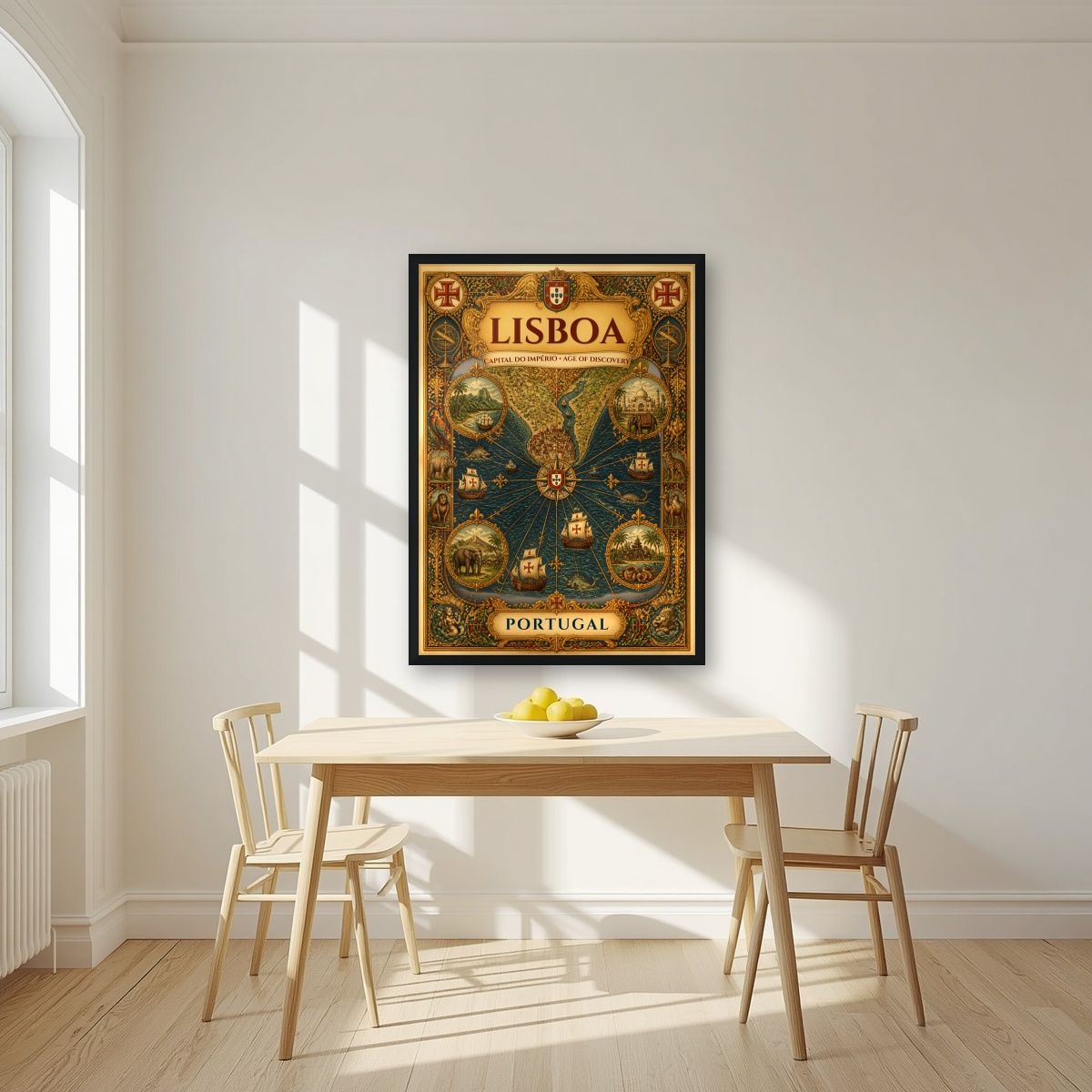 Era dos Descobrimentos — Lisbon art print, in a black frame, styled in a kitchen