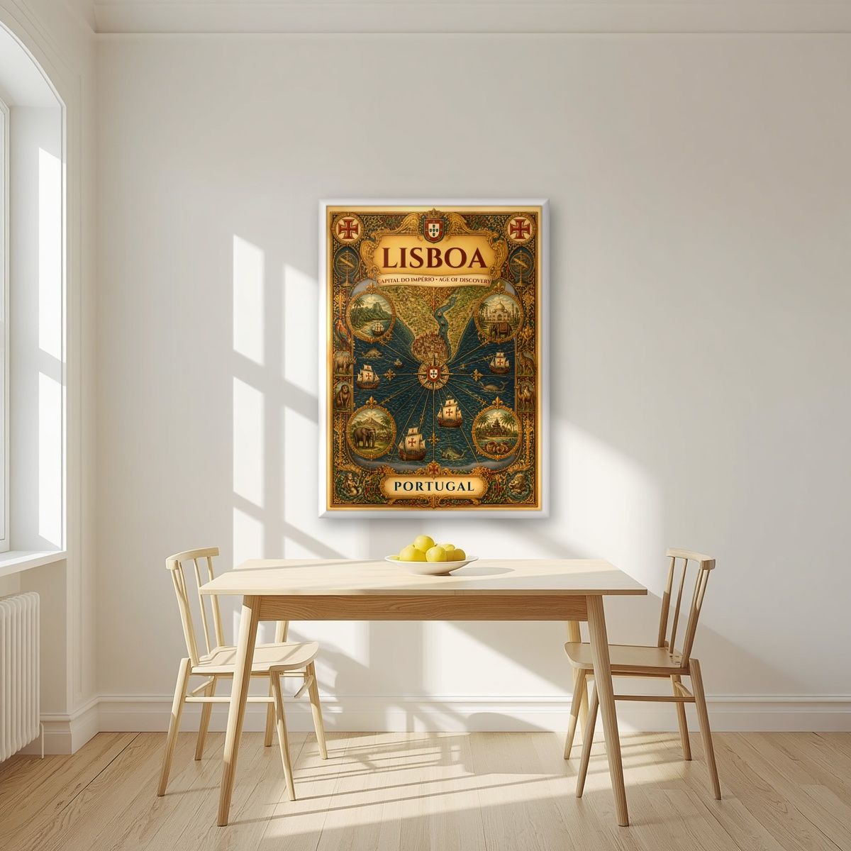 Era dos Descobrimentos — Lisbon art print, in a white frame, styled in a kitchen