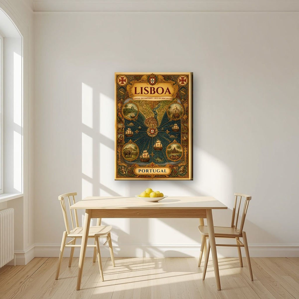 Era dos Descobrimentos — Lisbon art print, on slim canvas, styled in a kitchen