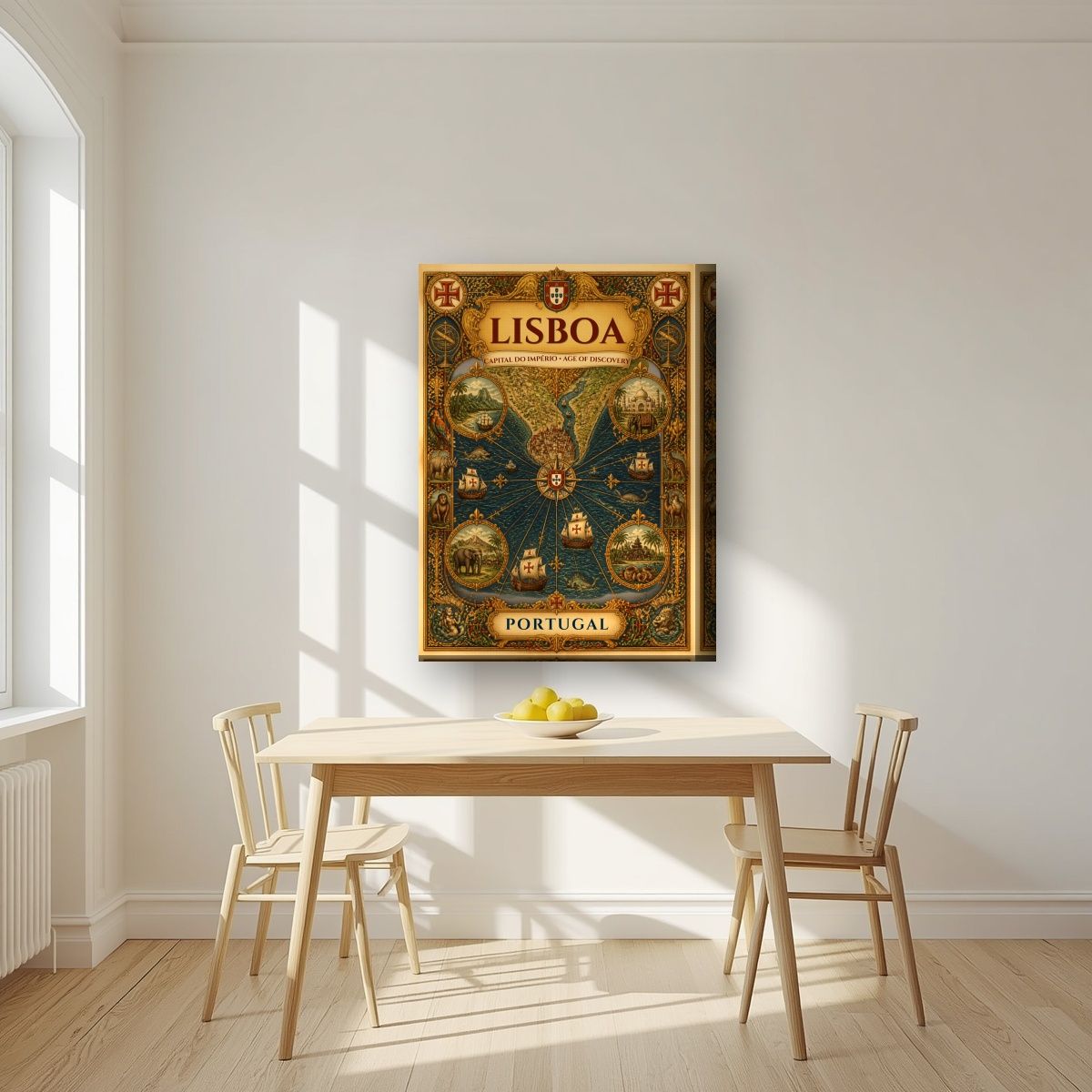 Era dos Descobrimentos — Lisbon art print, on thick canvas, styled in a kitchen