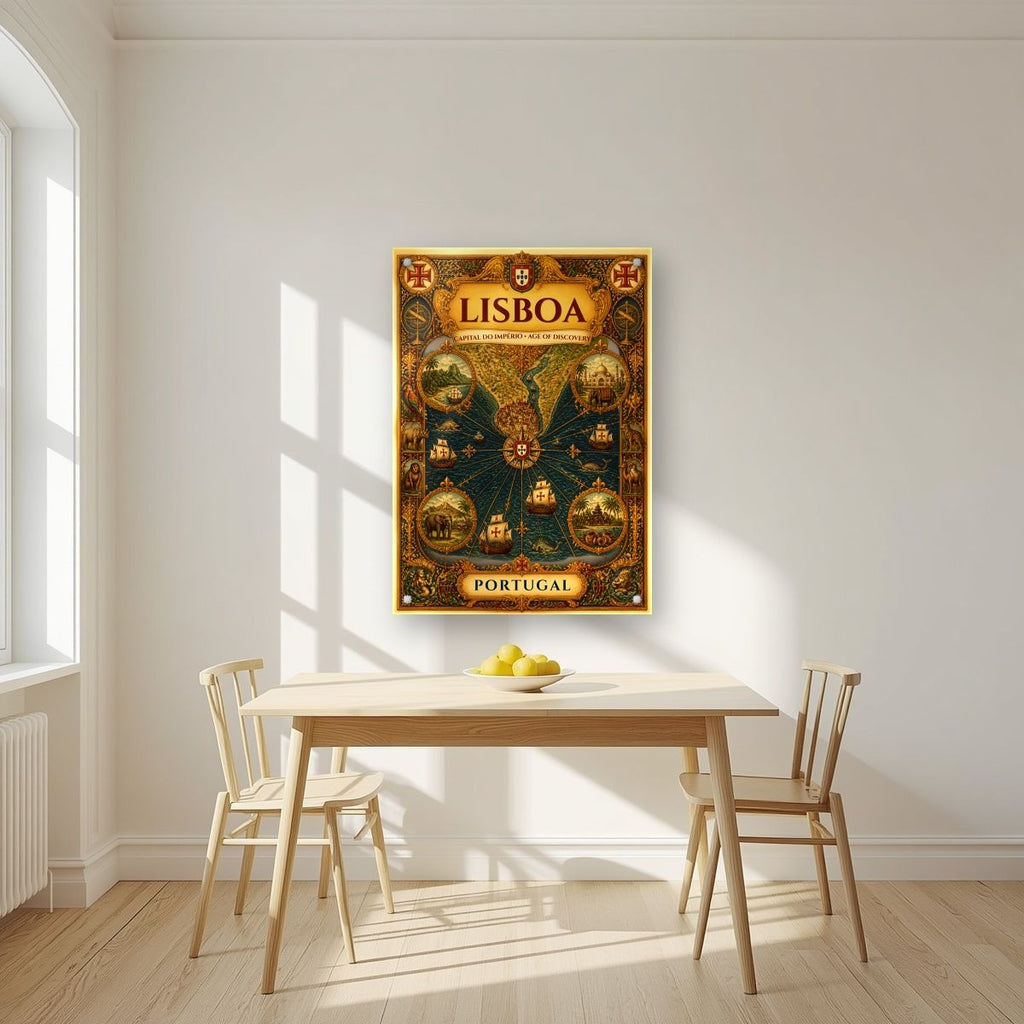 Era dos Descobrimentos — Lisbon art print, as an acrylic print, styled in a kitchen