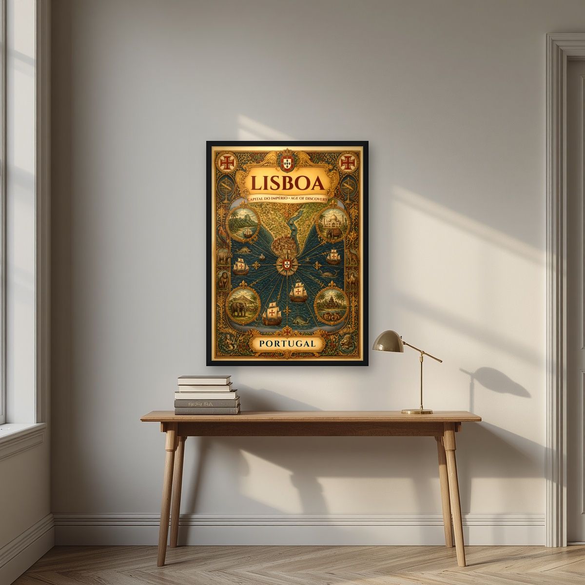 Era dos Descobrimentos — Lisbon art print, in a black frame, styled in a desk