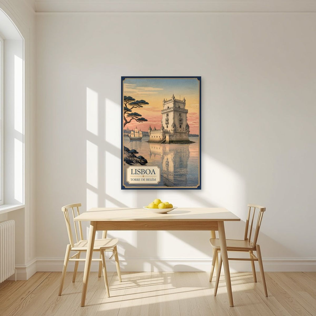 Torre de Belem — Lisbon art print, unframed poster, styled in a kitchen