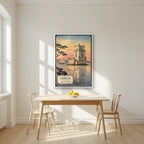 Torre de Belem — Lisbon art print, in a white frame, styled in a kitchen