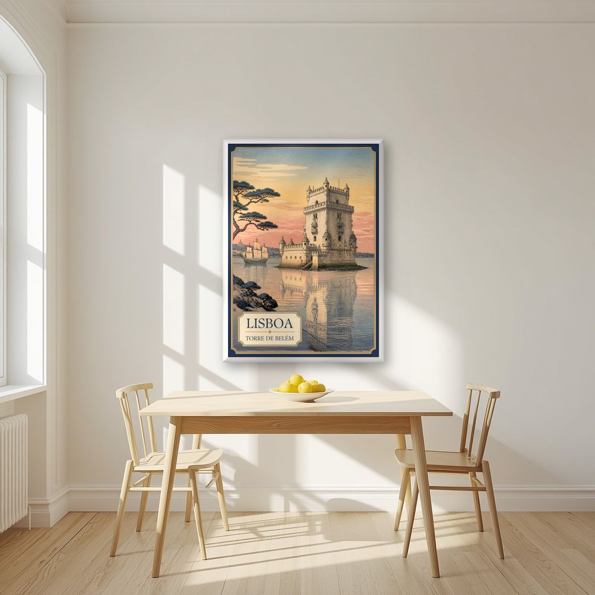 Torre de Belem — Lisbon art print, in a white frame, styled in a kitchen