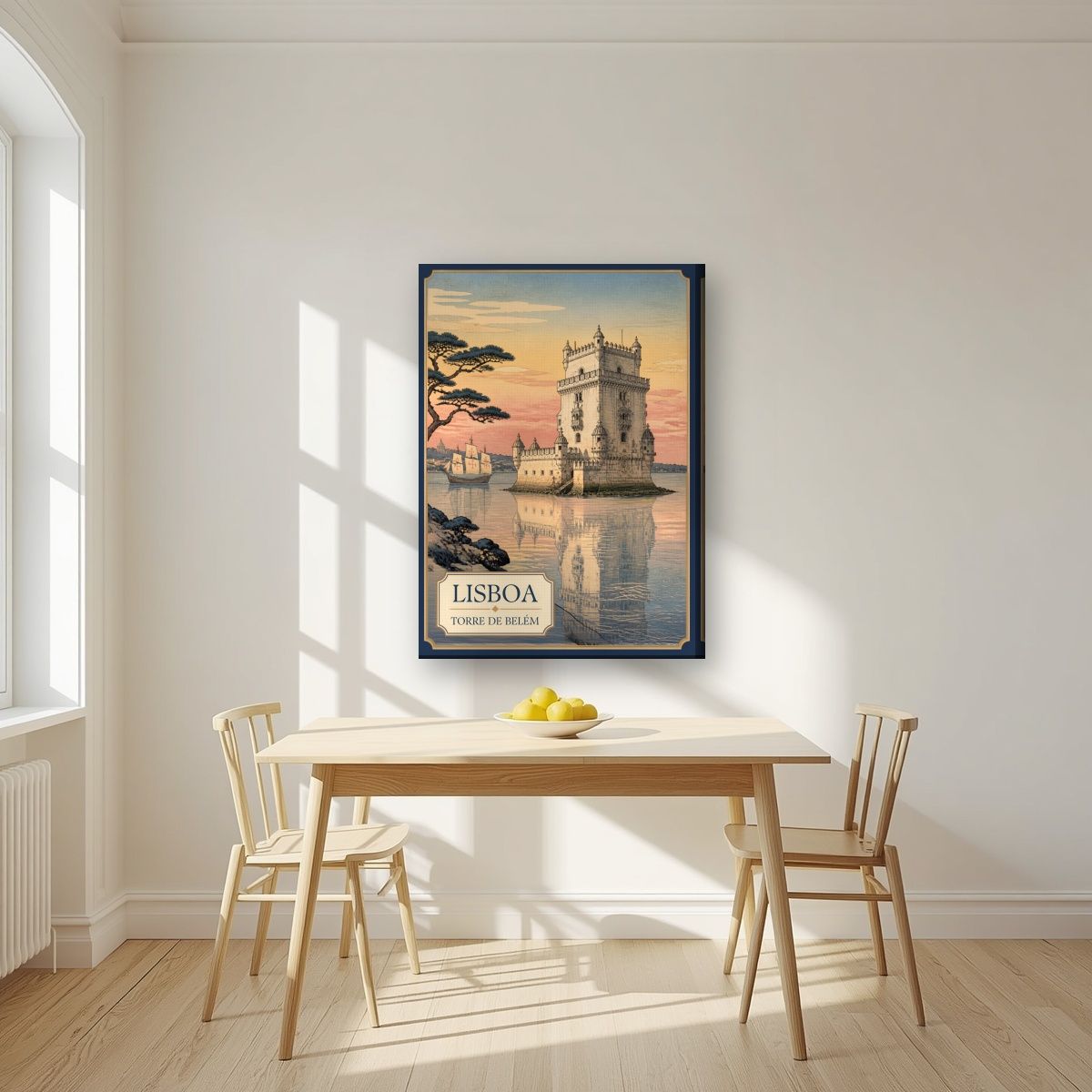 Torre de Belem — Lisbon art print, on slim canvas, styled in a kitchen