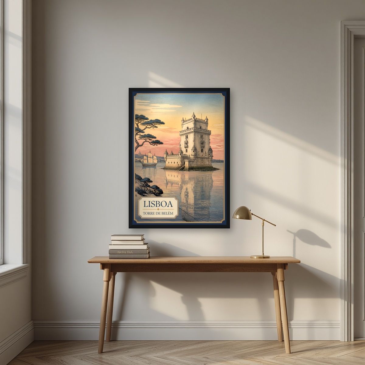 Torre de Belem — Lisbon art print, in a black frame, styled in a desk