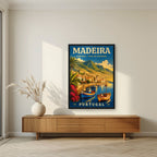 Baia do Funchal — Madeira art print, in a black frame, styled in a living room