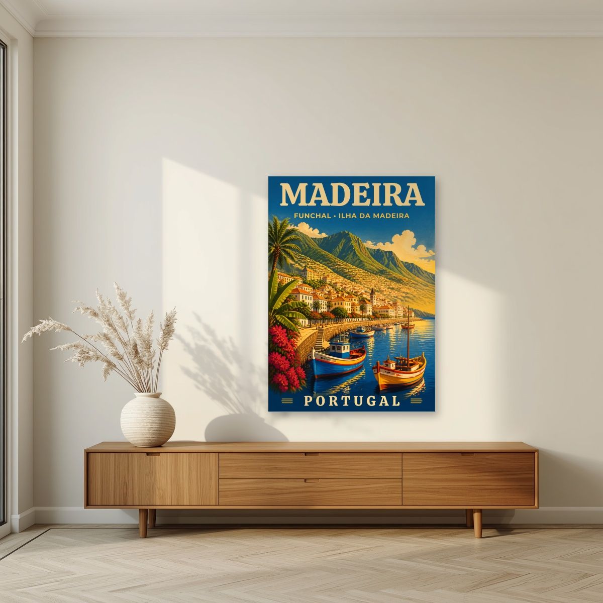 Baia do Funchal — Madeira art print, unframed poster, styled in a living room
