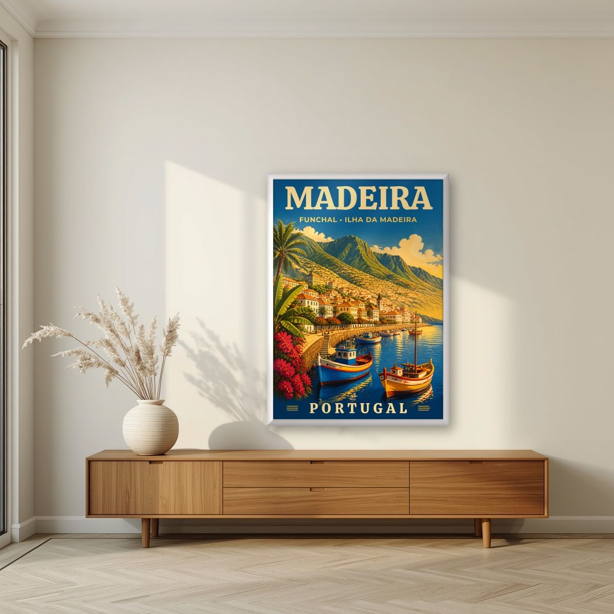 Baia do Funchal — Madeira art print, in a white frame, styled in a living room