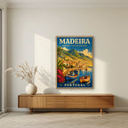 Baia do Funchal — Madeira art print, in an oak frame, styled in a living room