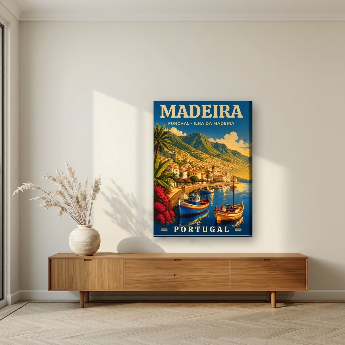 Baia do Funchal — Madeira art print, on slim canvas, styled in a living room