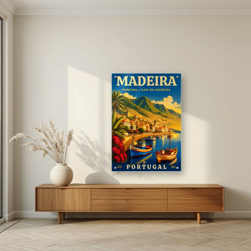 Baia do Funchal — Madeira art print, as an acrylic print, styled in a living room