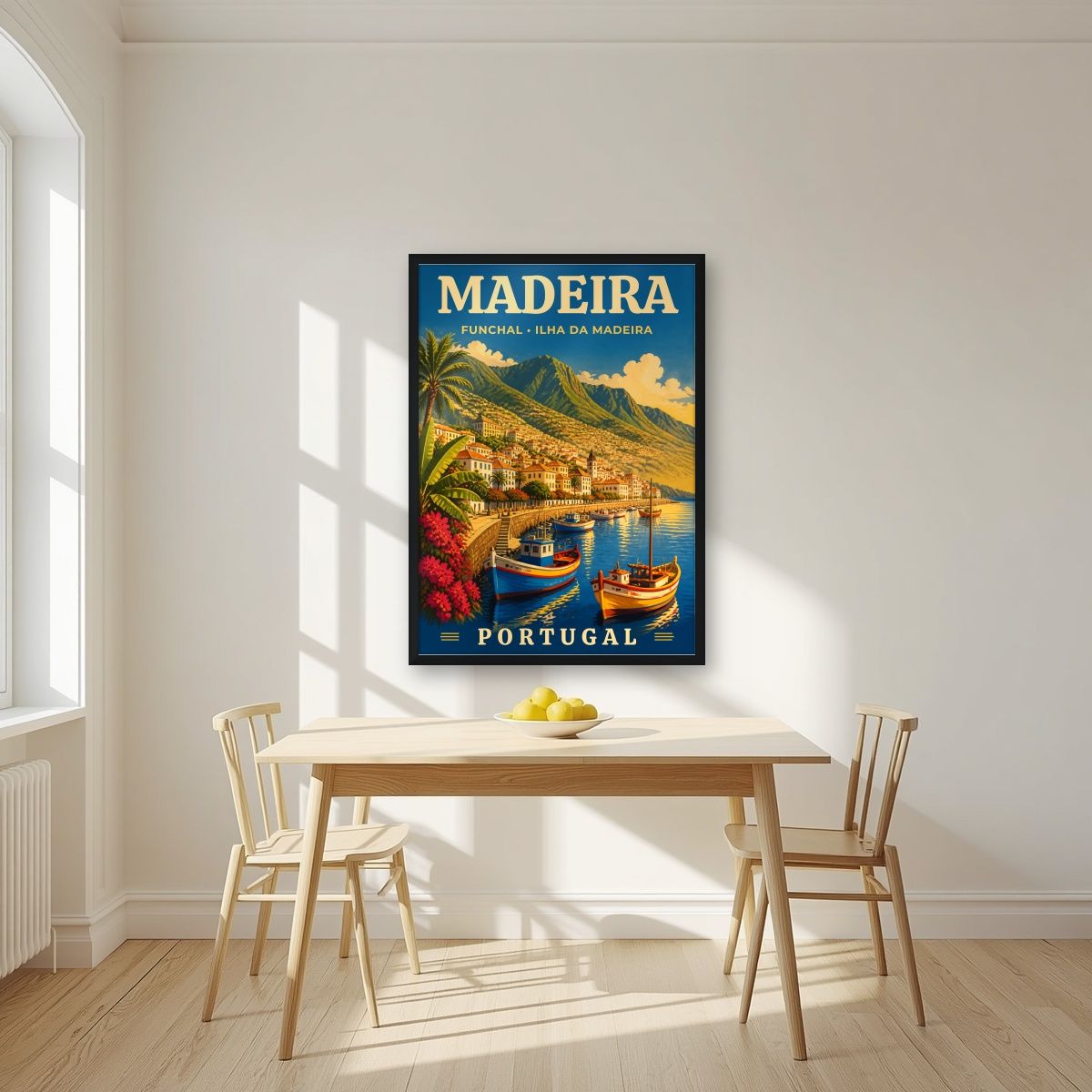 Baia do Funchal — Madeira art print, in a black frame, styled in a kitchen