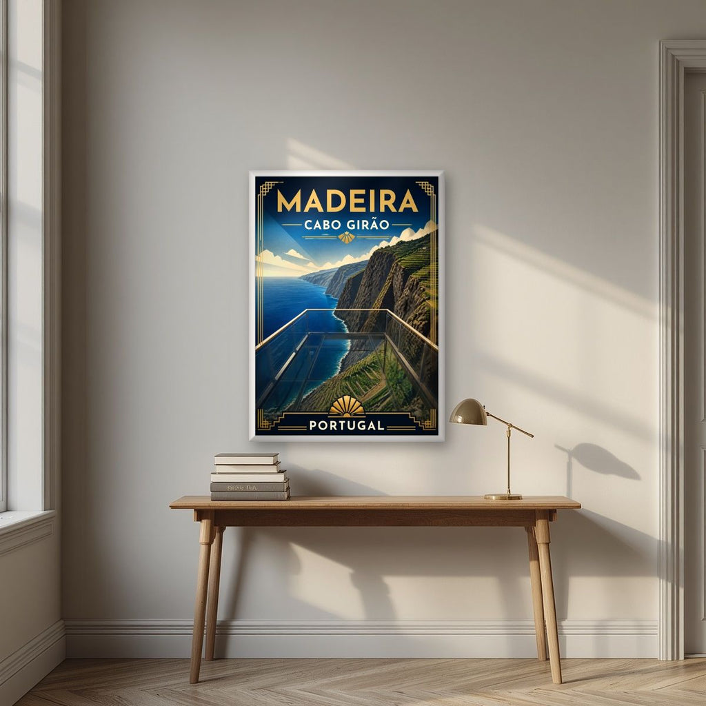 Cabo Girao — Madeira art print, in a white frame, styled in a desk