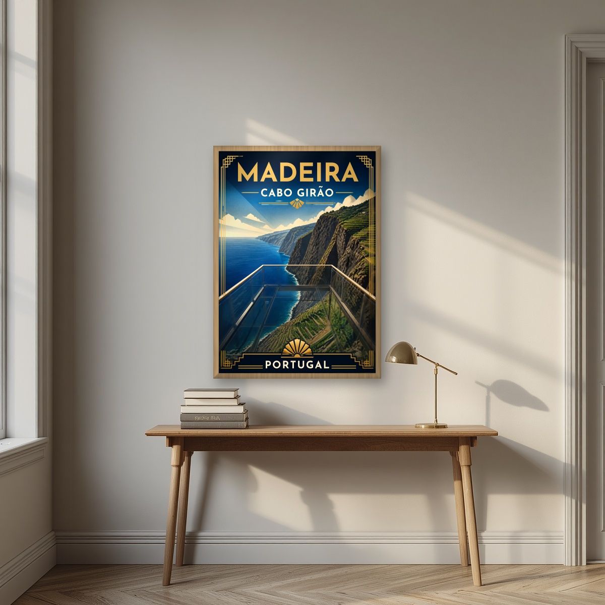 Cabo Girao — Madeira art print, in an oak frame, styled in a desk