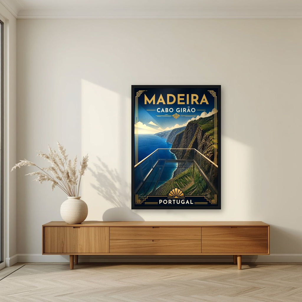 Cabo Girao — Madeira art print, in a black frame, styled in a living room