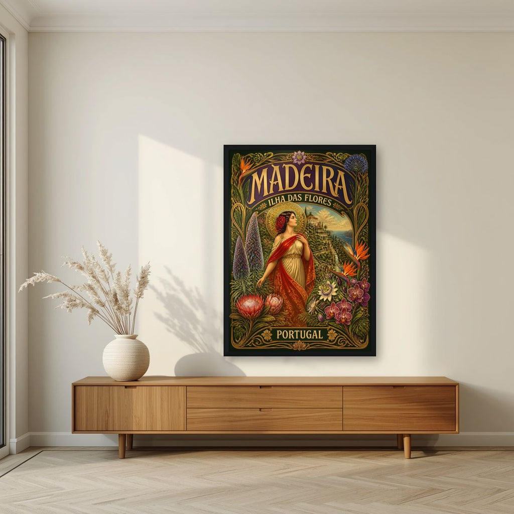 Flor da Ilha — Madeira art print, in a black frame, styled in a living room