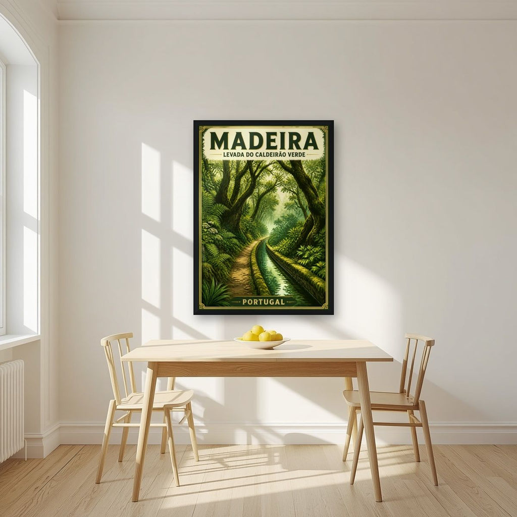 Levada Verde — Madeira art print, in a black frame, styled in a kitchen