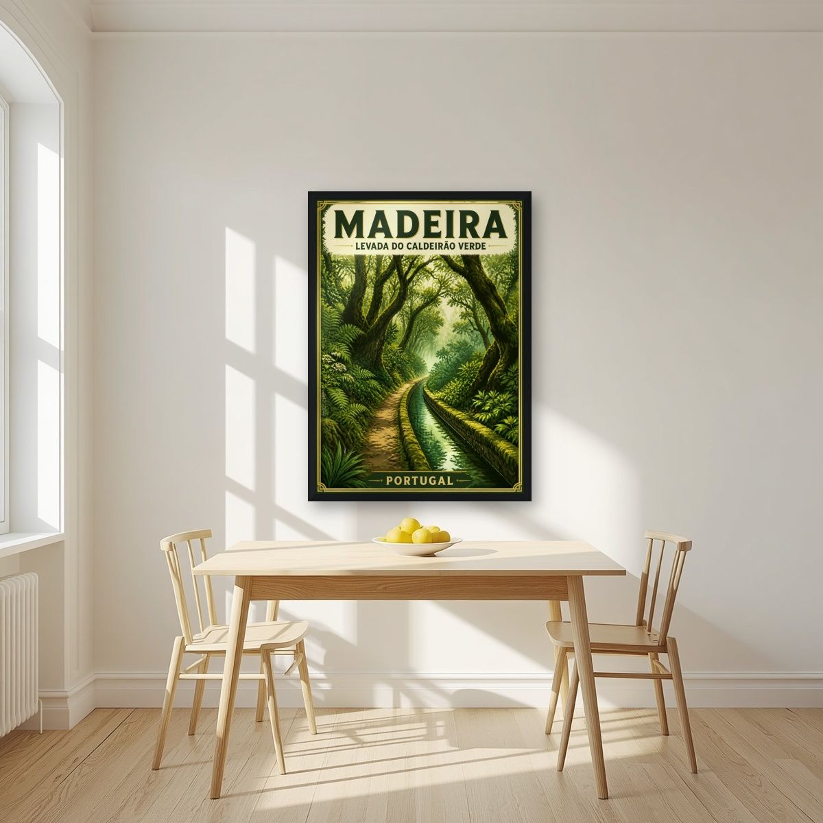 Levada Verde — Madeira art print, in a black frame, styled in a kitchen