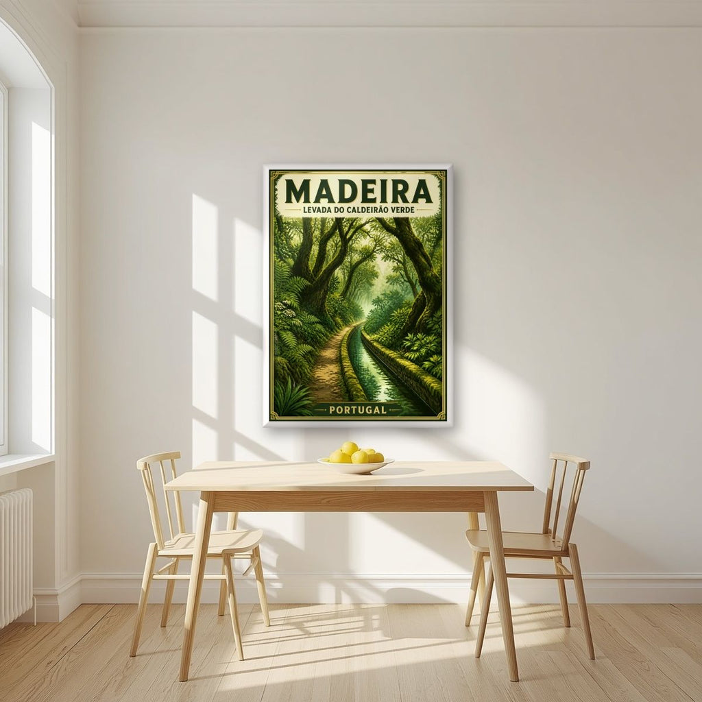 Levada Verde — Madeira art print, in a white frame, styled in a kitchen