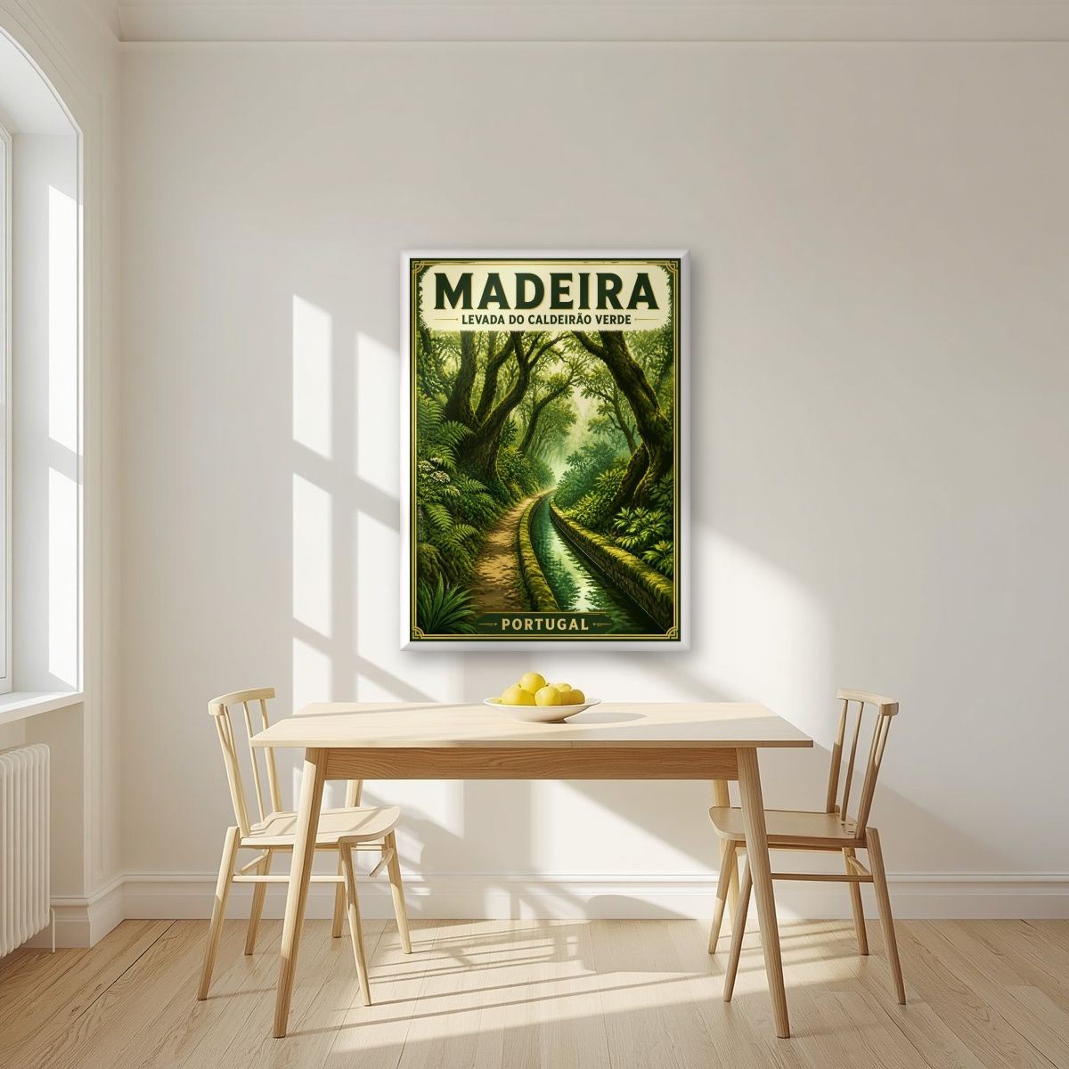 Levada Verde — Madeira art print, in a white frame, styled in a kitchen