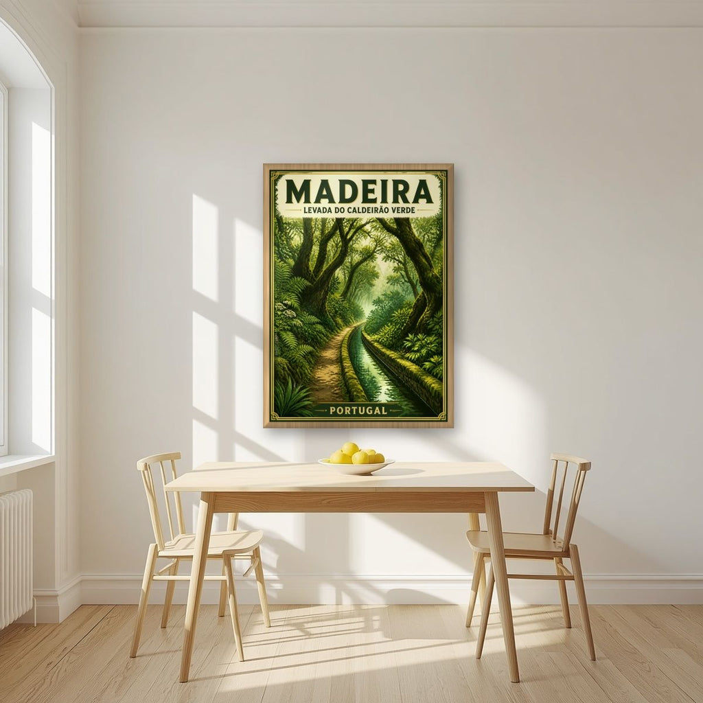Levada Verde — Madeira art print, in an oak frame, styled in a kitchen