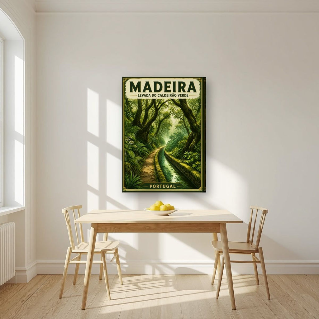 Levada Verde — Madeira art print, on slim canvas, styled in a kitchen