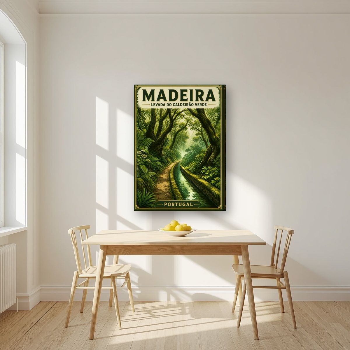 Levada Verde — Madeira art print, on slim canvas, styled in a kitchen