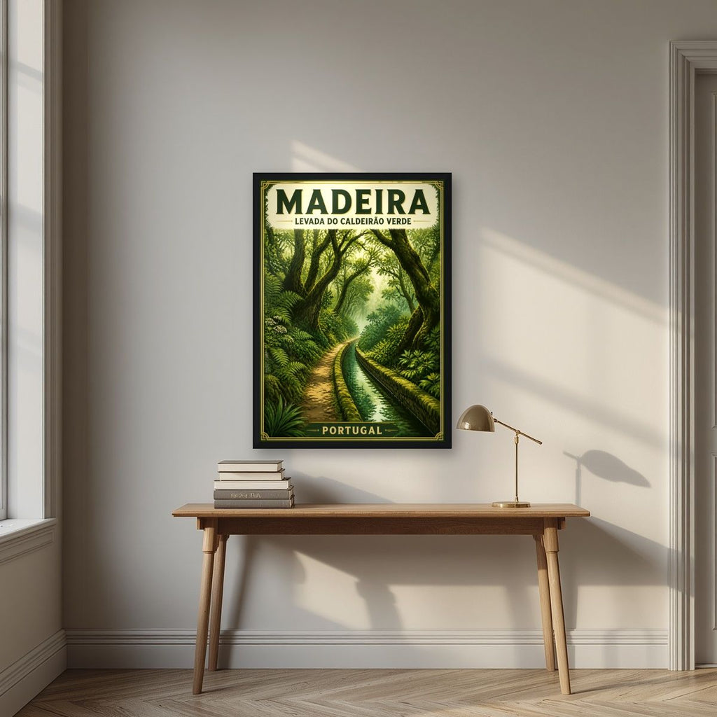 Levada Verde — Madeira art print, in a black frame, styled in a desk