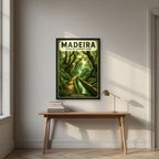 Levada Verde — Madeira art print, in a black frame, styled in a desk