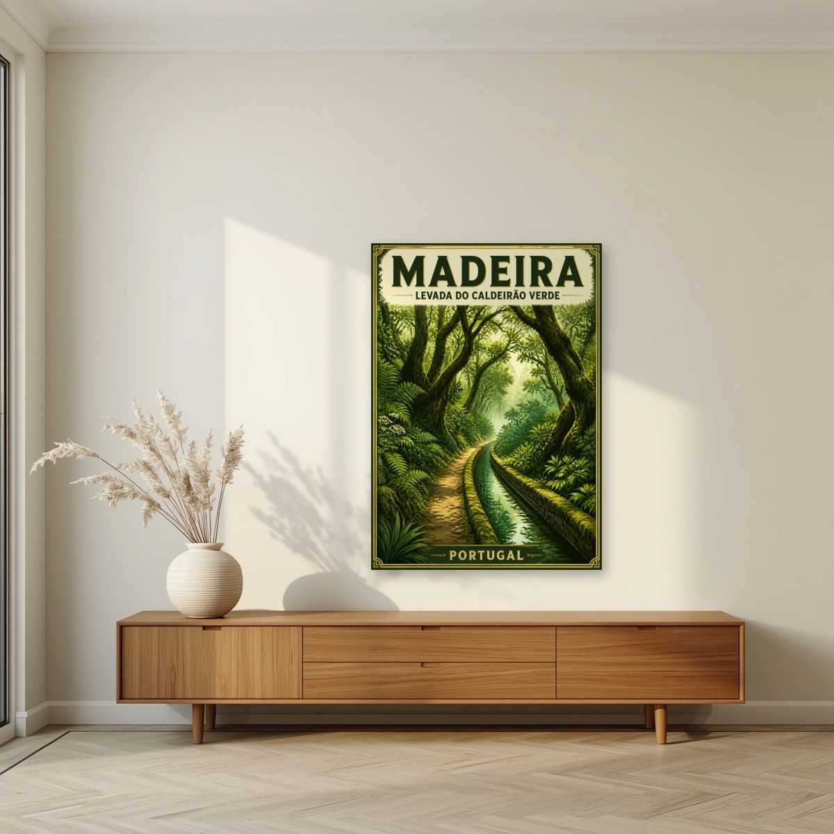 Levada Verde — Madeira art print, unframed poster, styled in a living room