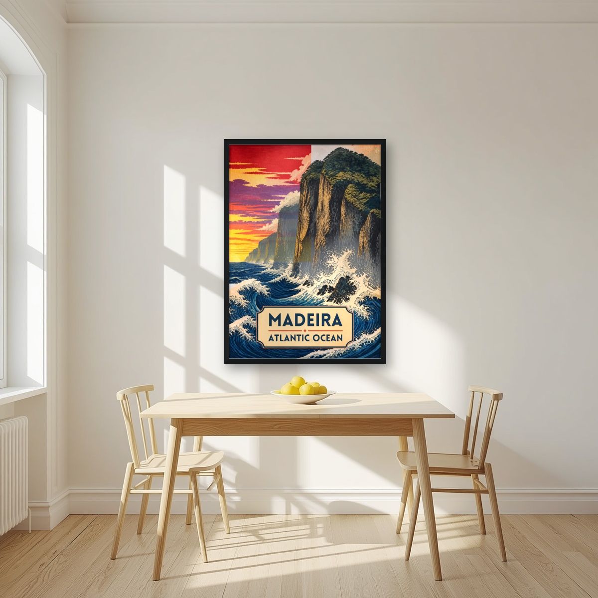 Mar Bravo — Madeira art print, in a black frame, styled in a kitchen