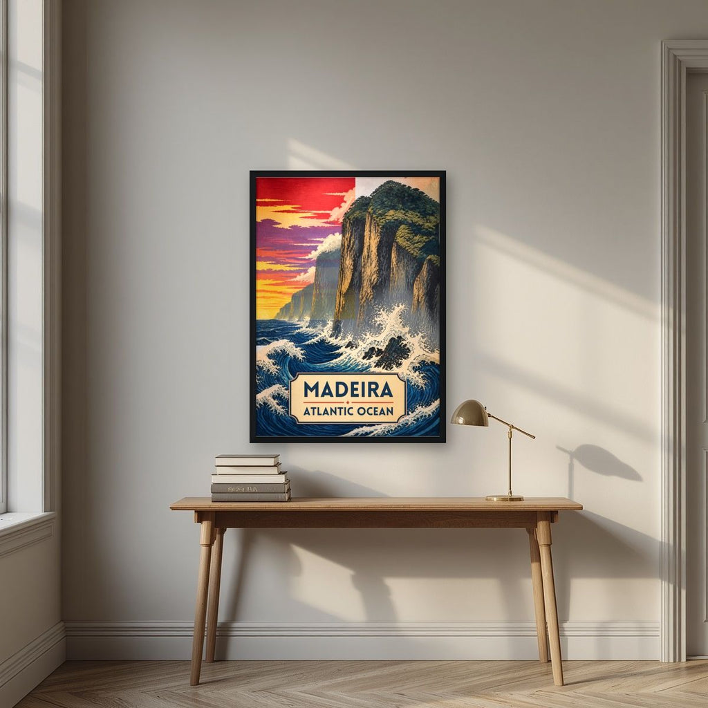 Mar Bravo — Madeira art print, in a black frame, styled in a desk