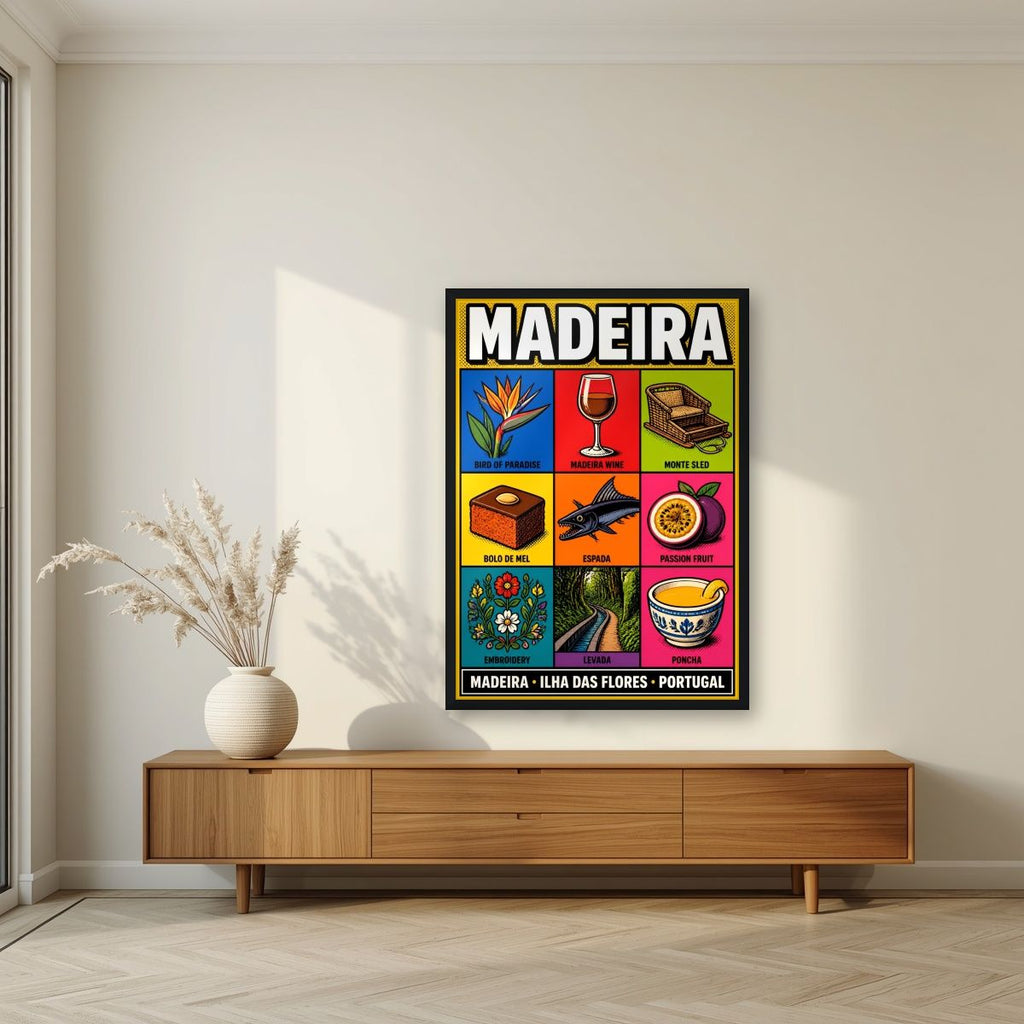 Nove Tesouros — Madeira art print, in a black frame, styled in a living room