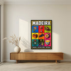 Nove Tesouros — Madeira art print, in a black frame, styled in a living room