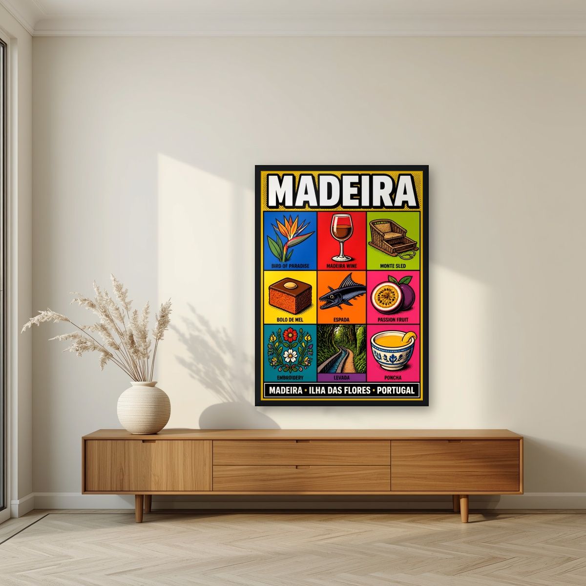 Nove Tesouros — Madeira art print, in a black frame, styled in a living room